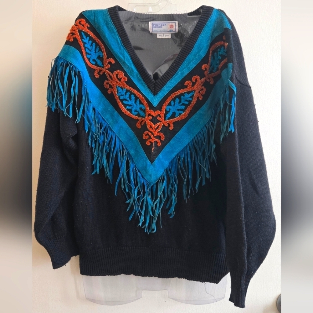 90's Vintage Western Sweater Leather Fringe & Embroidery Black Teal EUC